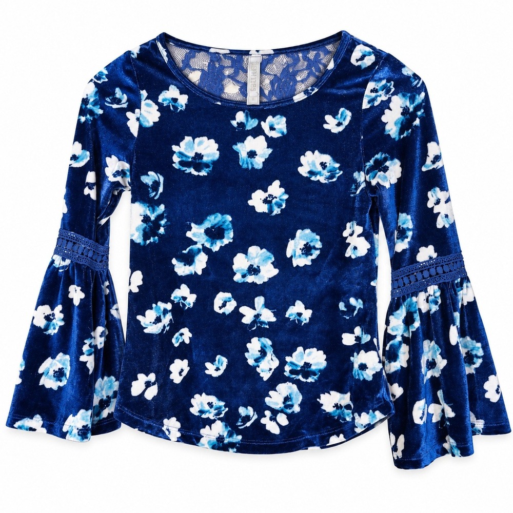 Beautees Floral Velvet Top Girls Size L Blue Bell Sleeve Lace Back Excellent